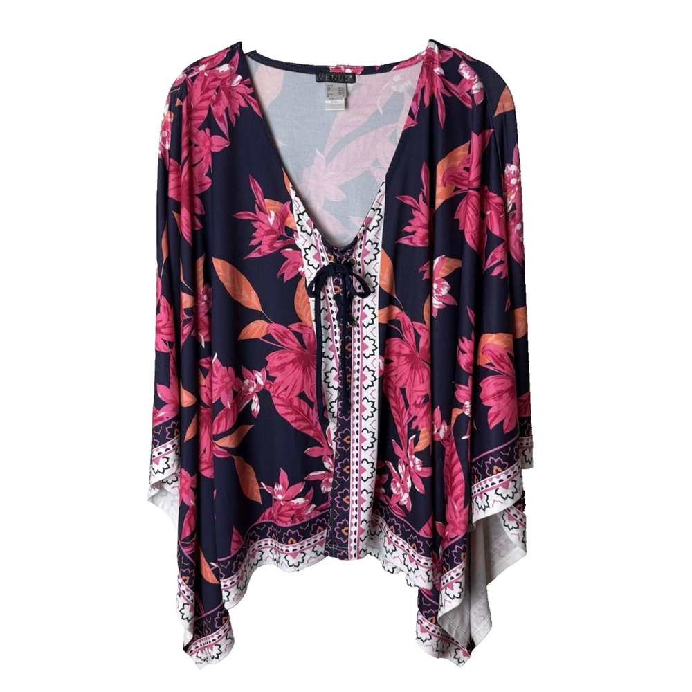 Venus Blouse Size Large Top 3/4 Sleeves Tie Neck Floral Navy Blue Pink Orange